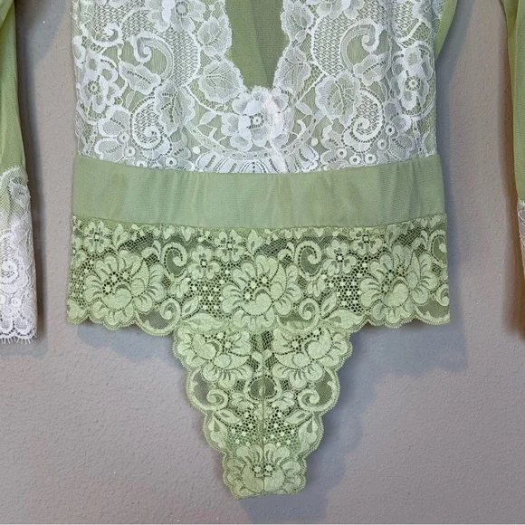 Free People x We Are HAH Lime Green Cream Lace Sheer Bodysuit NWT Size Small